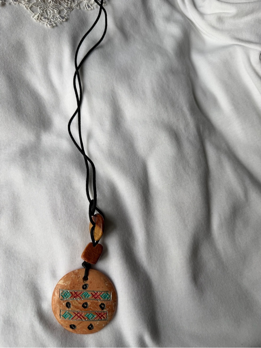 Vintage Brown  Wood Round Charm Pendant Necklace on Black Cord, Bohemian Style